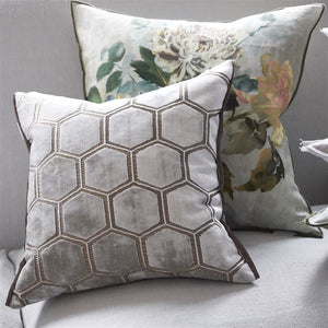 Manipur Oyster Velvet Cushion, by Designers Guild on sofa