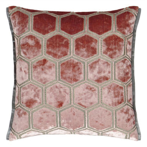 Manipur Coral Velvet Cushion front, by Designers Guild
