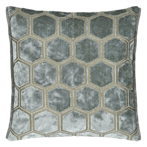 Manipur Silver Velvet Cushion front, by Designers Guild