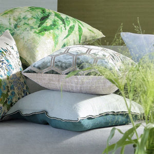 Manipur Silver Velvet Cushion, by Designers Guild with other throw cushions