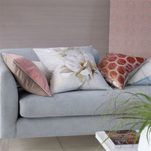 Indlæs billede til gallerivisning Manipur Coral Velvet Cushion, by Designers Guild on sofa