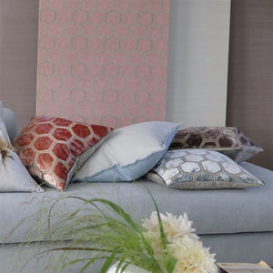 Manipur Silver Velvet Cushion, by Designers Guild on sofa