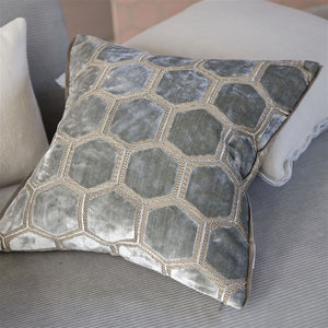 Manipur Silver Velvet Cushion in detail, by Designers Guild