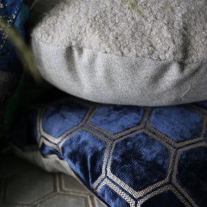 Manipur Midnight Velvet Cushion up close, by Designers Guild