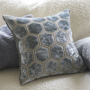 Manipur Silver Velvet Cushion close up, by Designers Guild