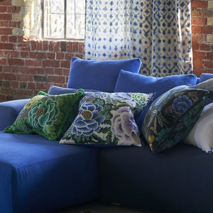 Designers Guild Rose de Damas Embroidered Indigo Cushion in living room setting
