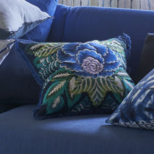 Indlæs billede til gallerivisning Designers Guild Rose de Damas Embroidered Indigo Cushion on blue sofa