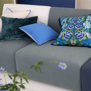 Eleonora Embroidered Cobalt Cushion, by Designers Guild on sofa