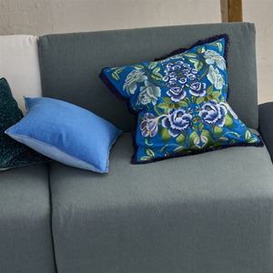Eleonora Embroidered Cobalt Cushion, by Designers Guild on sofa
