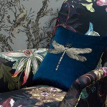 Indlæs billede til gallerivisning Timorous Beasties Dragonfly Navy Velvet Cushion On Chair