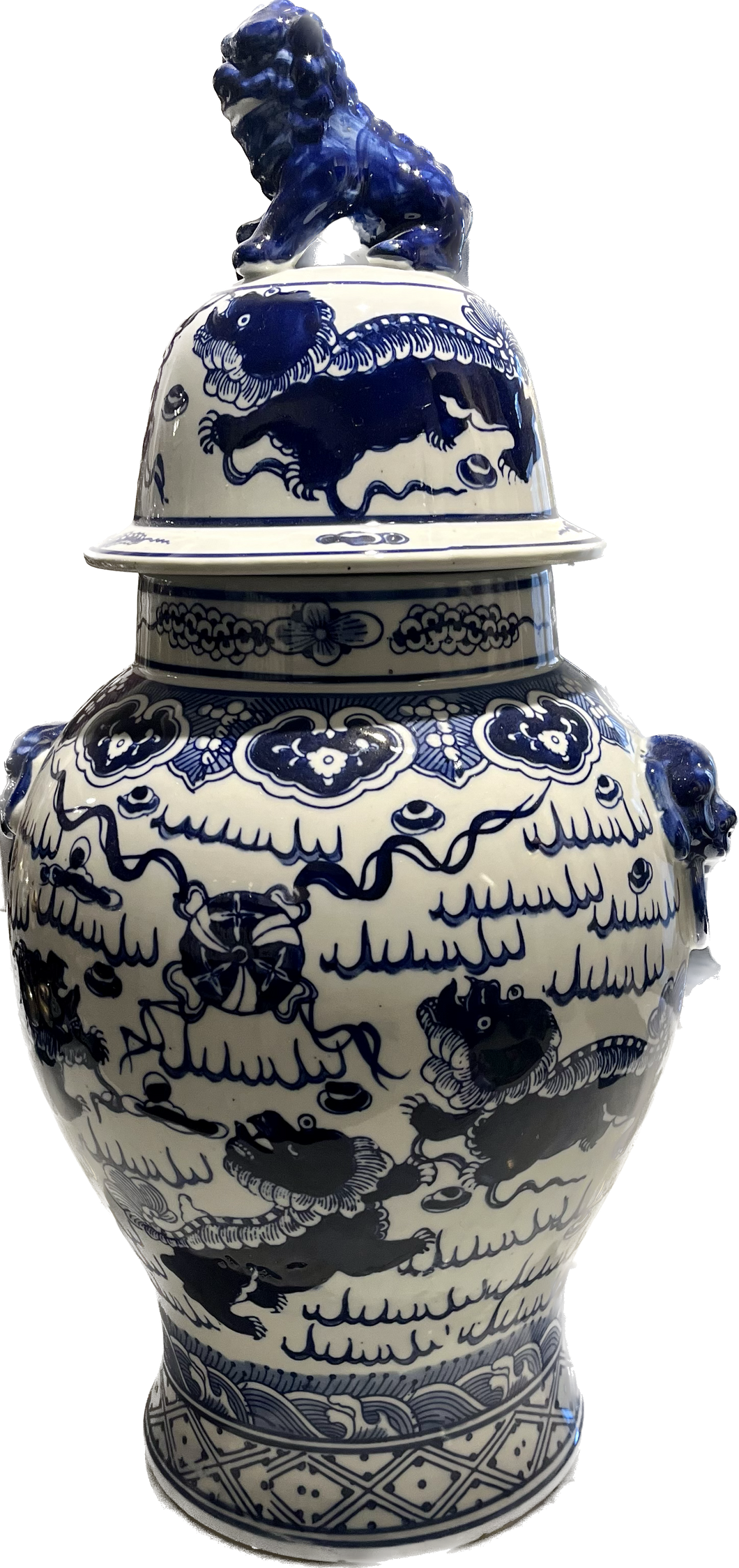 White and Blue Porcelain Jar with Asian Dragon Lid