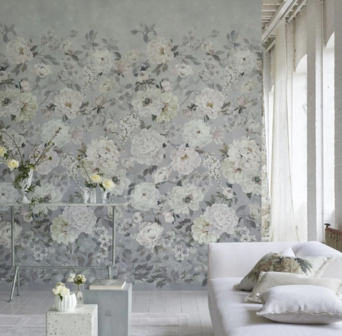Designers Guild Fleur Blanche Platinum Wallpaper in Living Room