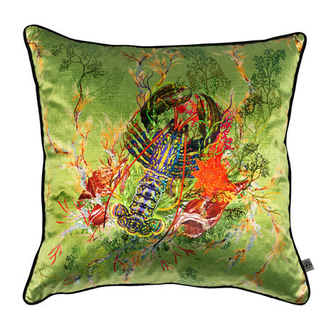 Timorous Beasties Lobster Velvet Cushion in Sage Green, Front