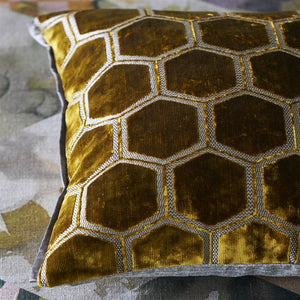 Manipur Ochre Velvet Cushion up close, by Designers Guild