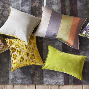 Manipur Ochre Velvet Cushion, by Designers Guild with other throw cushions