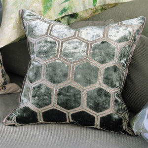 Manipur Jade Velvet Cushion up close, by Designers Guild