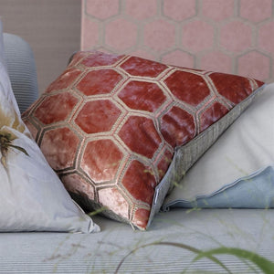 Manipur Coral Velvet Cushion up close, by Designers Guild