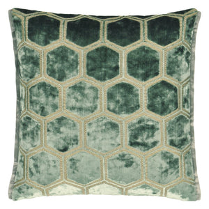 Manipur Jade Velvet Cushion front, by Designers Guild