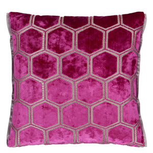 Manipur Fuchsia Velvet Cushion front, by Designers Guild