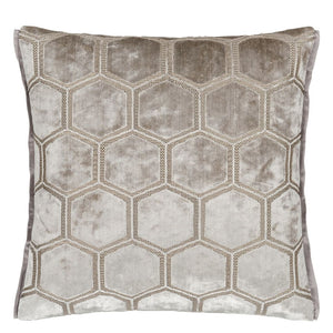 Manipur Dove Velvet Cushion front, by Designers Guild