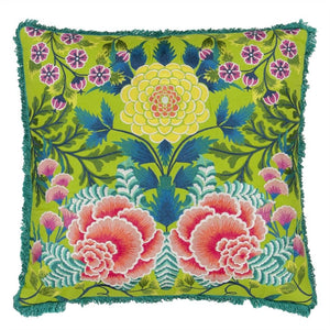 Brocart Décoratif Embroidered Lime Cushion front, by Designers Guild