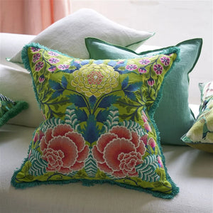 Brocart Décoratif Embroidered Lime Cushion, by Designers Guild on sofa