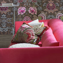 Indlæs billede til gallerivisning Designers Guild Rose de Damas Embroidered Cranberry Cushion in Living Room