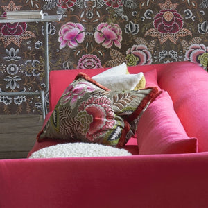 Designers Guild Rose de Damas Embroidered Cranberry Cushion in Living Room