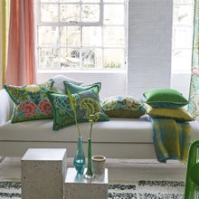 Indlæs billede til gallerivisning Designers Guild Rose de Damas Embroidered Jade Cushion on living room sofa