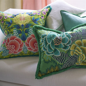 Brocart Décoratif Embroidered Lime Cushion, by Designers Guild on couch
