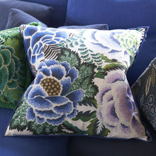 Indlæs billede til gallerivisning Designers Guild Rose De Damas Cobalt Cotton Cushion on sofa