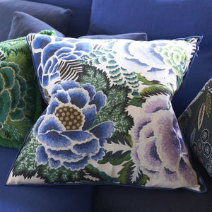 Designers Guild Rose De Damas Cobalt Cotton Cushion on sofa
