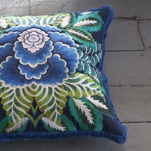 Indlæs billede til gallerivisning Designers Guild Rose de Damas Embroidered Indigo Cushion on painted wood floor