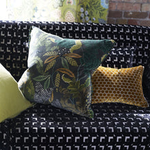 Load image into Gallery viewer, Brocart Décoratif Velours Olive Cushion, by Designers Guild Reverse on Sofa