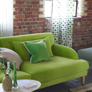 arese Viridian & Apple Cushion, by Designers Guild on green velvet Designers Guild Alba sofa