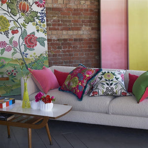 Designers Guild Brocart Décoratif Linen Fuchsia Cushion on sofa