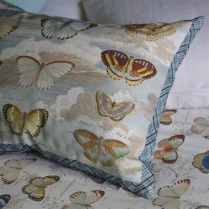 Butterfly Studies Parchment Cushion up close, by John Derian for Designers Guild