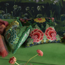 Load image into Gallery viewer, Designers Guild Brocart Décoratif Velours Noir Cushion on Green Alba Sofa