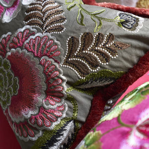 Designers Guild Rose de Damas Embroidered Cranberry Cushion Close Up