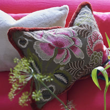 Indlæs billede til gallerivisning Designers Guild Rose de Damas Embroidered Cranberry Cushion On Sofa