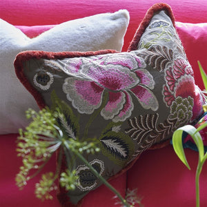 Designers Guild Rose de Damas Embroidered Cranberry Cushion On Sofa