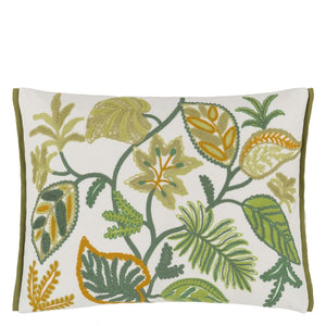 Foglia Decorativa Embroidered Moss Cushion front, by Designers Guild
