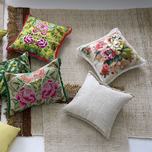 Designers Guild Isabella Embroidered Fuchsia Cushion on Area Rug