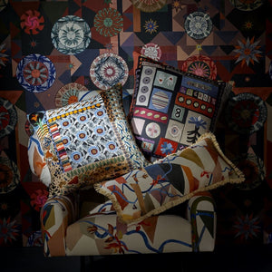 Christian Lacroix Bloc-Note Mosaique Cushion with other Christian Lacroix Cushions on Chair