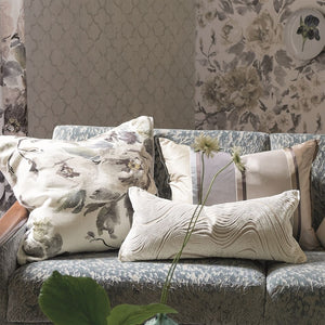 Shanghai Garden Ecru Linen Cushion, by Designers Guild on couch