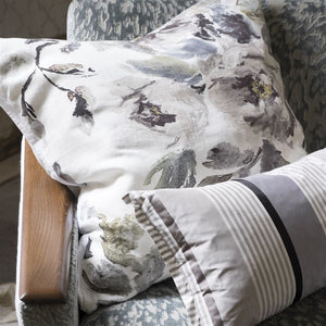 Shanghai Garden Ecru Linen Cushion, by Designers Guild on sofa