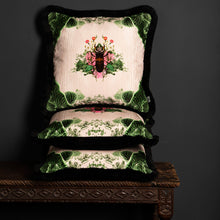 Load image into Gallery viewer, Timorous Beasties Beetle Blotch Fringed Cushion Stacked On Bench