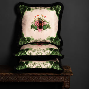 Timorous Beasties Beetle Blotch Fringed Cushion Stacked On Bench