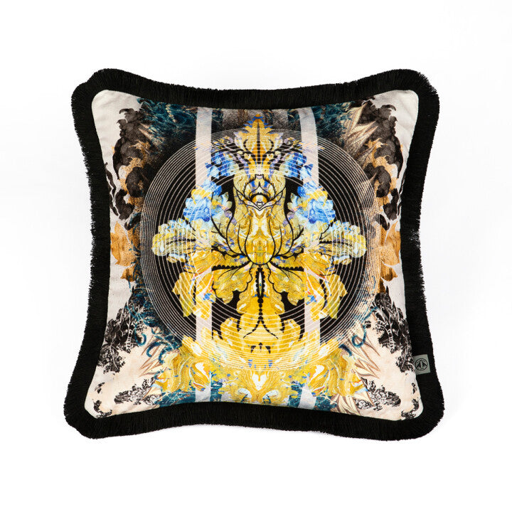 Totem Damask Black & Blue Fringed Cushion, by Timorous Beasties