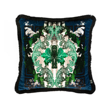 Load image into Gallery viewer, Totem Damask Navy &amp; Green Fringed Velvet Cushion Front, by Timorous Beasties